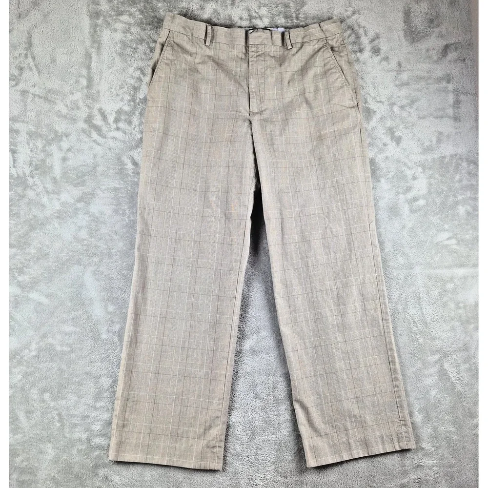 Banana Republic Dress Pants Men 36x30 (fits 34x28) Beige Plaid 100% Cotton Flat